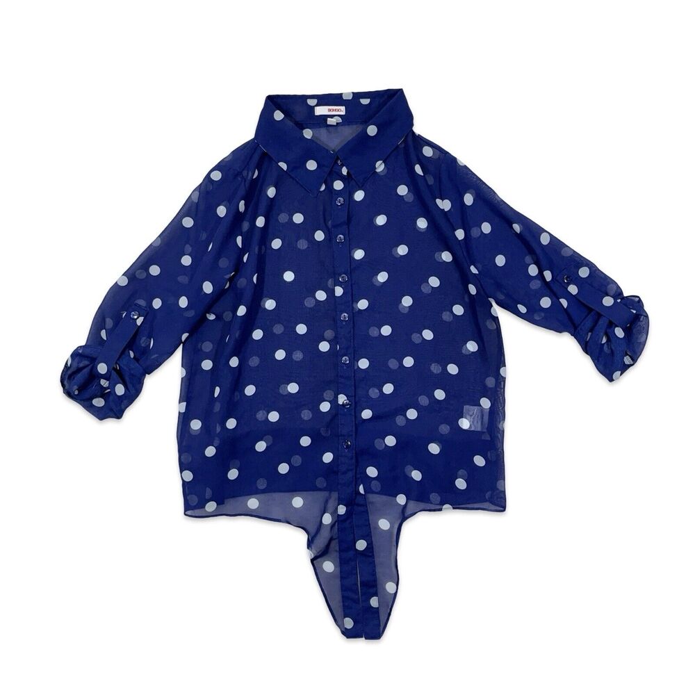 Bongo Womens Blue Small Polka Dot Front Tie Sheer Blouse Top Long Sleeve Cuffed
